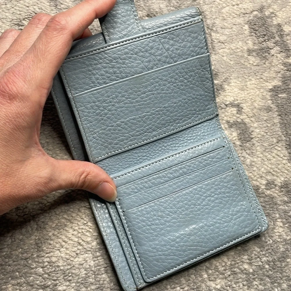 Celine Studded Pebbled Leather Compact Wallet Powder Blue Extra Card Holders